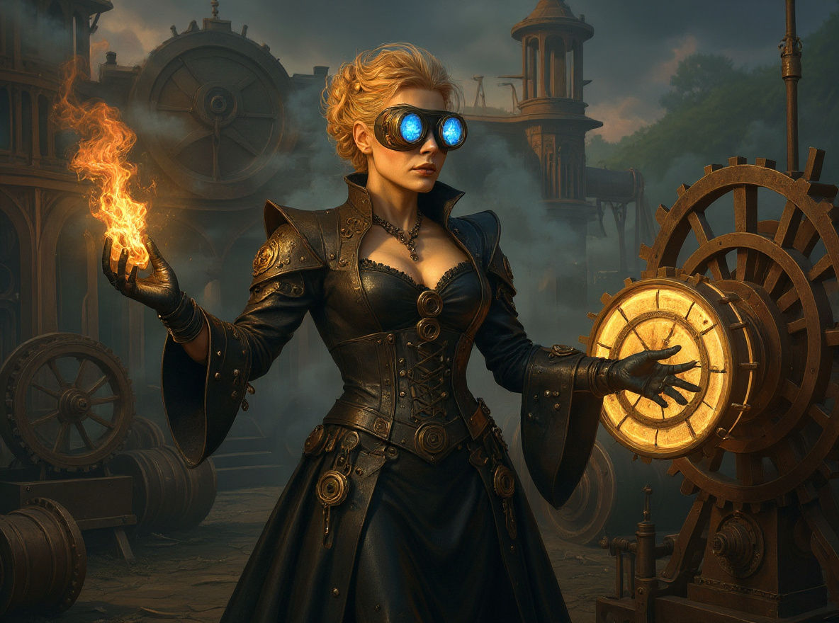 Steampunk Sorceress Casting a Spell Outdoors
