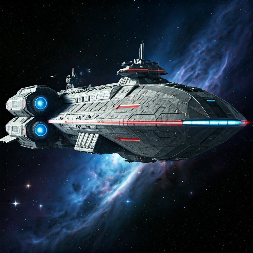 Sci-Fi Warship Border Patrol in Starry Nebula