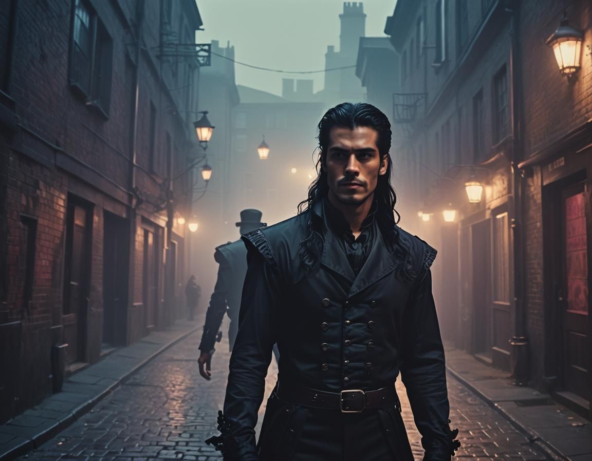 Gothic Man in Neon Alleyway: Synthwave Film Still