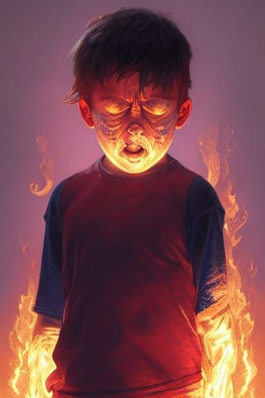 Boy in Distress: Hyperdetailed Portrait with Flames