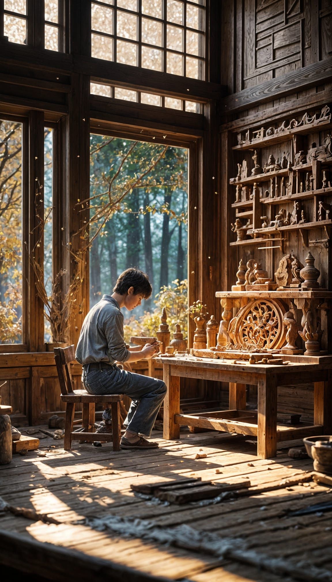 Intricate Wood Carving in Serene Starlit Workshop