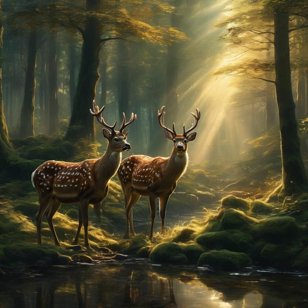 Magical Deer in Sparkling Forest: Detailed Matte Painting