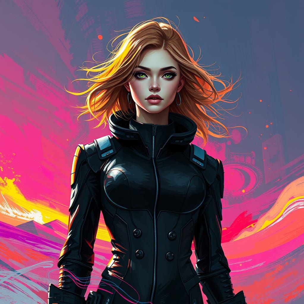 Futuristic Sci-Fi Woman in Neon Landscape