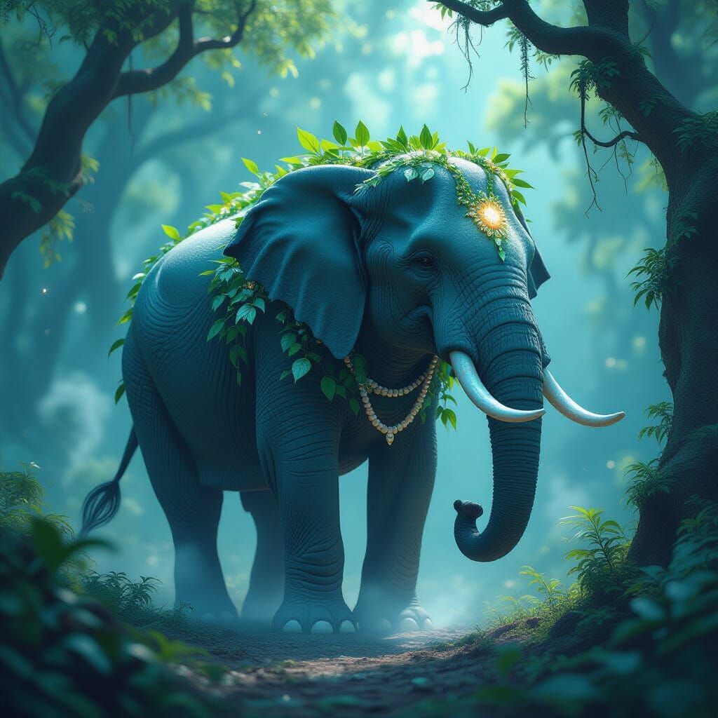 Bioluminescent Elephant in Mystical Forest, High Fantasy Art