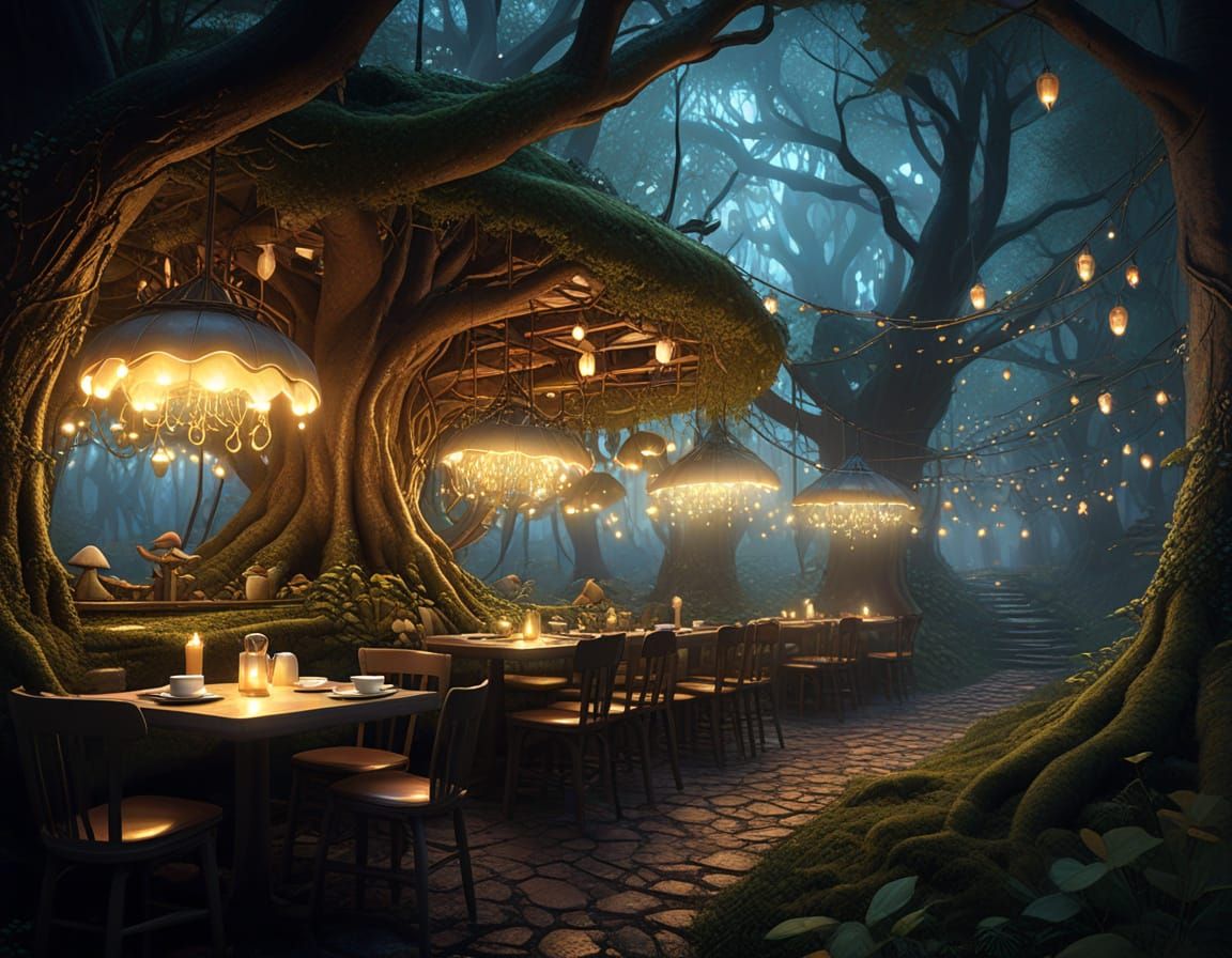 Magical Night Cafe in Enchanted Forest