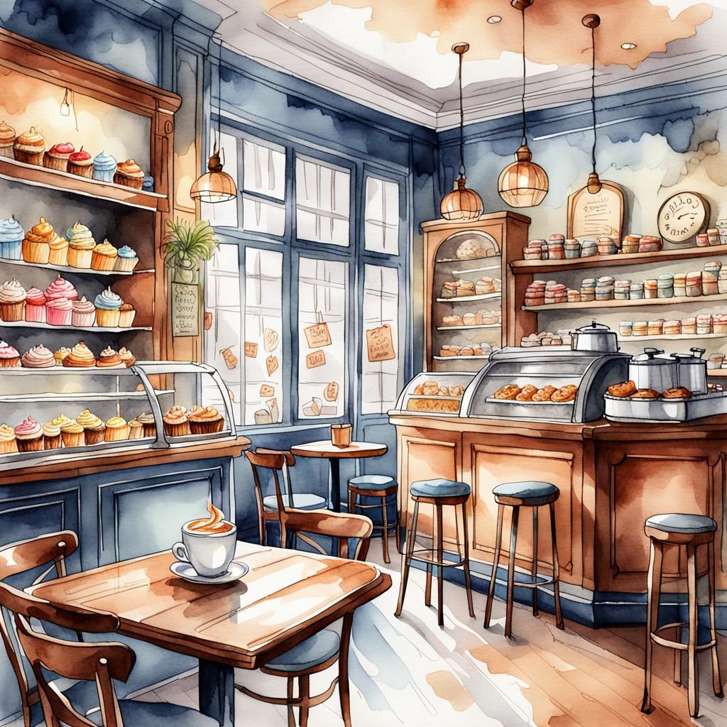 Cozy Coffee Shop Interior: Watercolor Digital Sketch