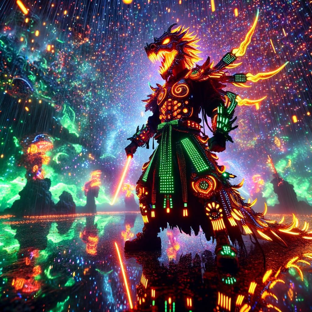 Futuristic Warrior Rides Metallic Dragon Amidst Neon Storm
