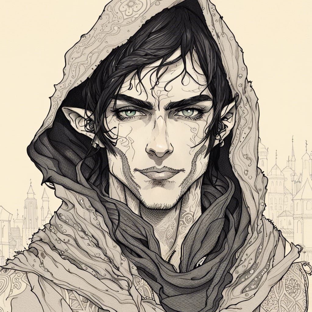 Elven Rogue Portrait in Detailed Ink Drawing Style