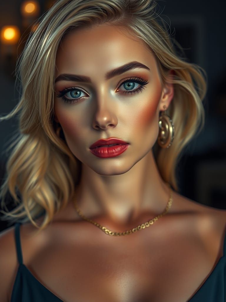 Glamorous Blonde Woman with Blue Eyes in Hyperrealistic Styl...