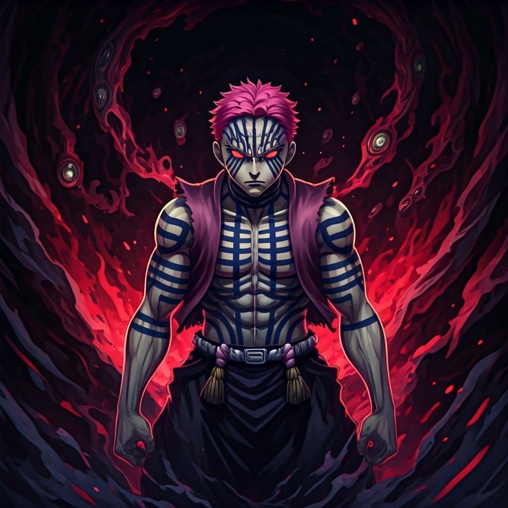 Furious Demon Akaza in Dynamic Illustration Style