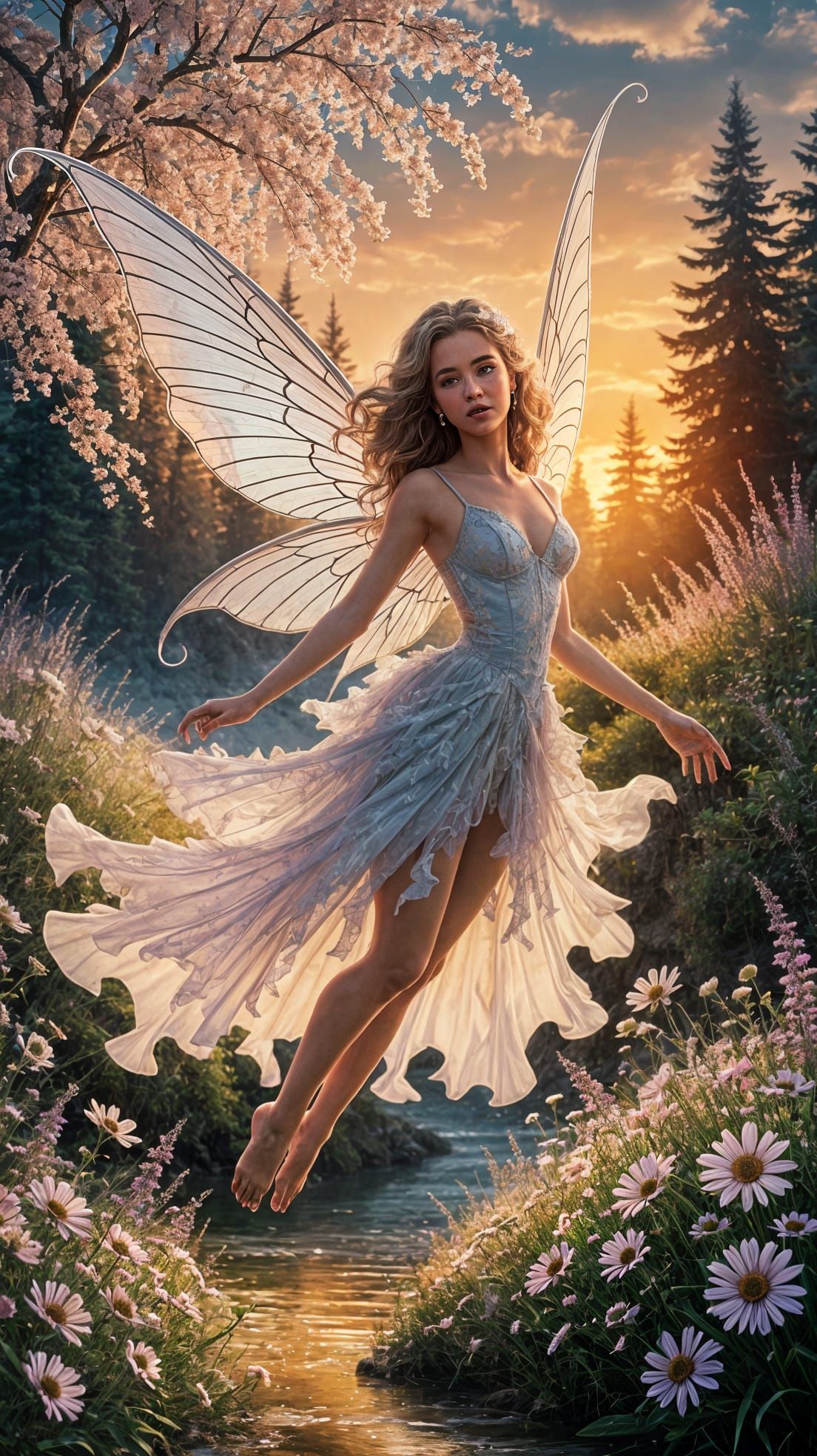 Enchanted Fairy in Serene Sunset Landscape