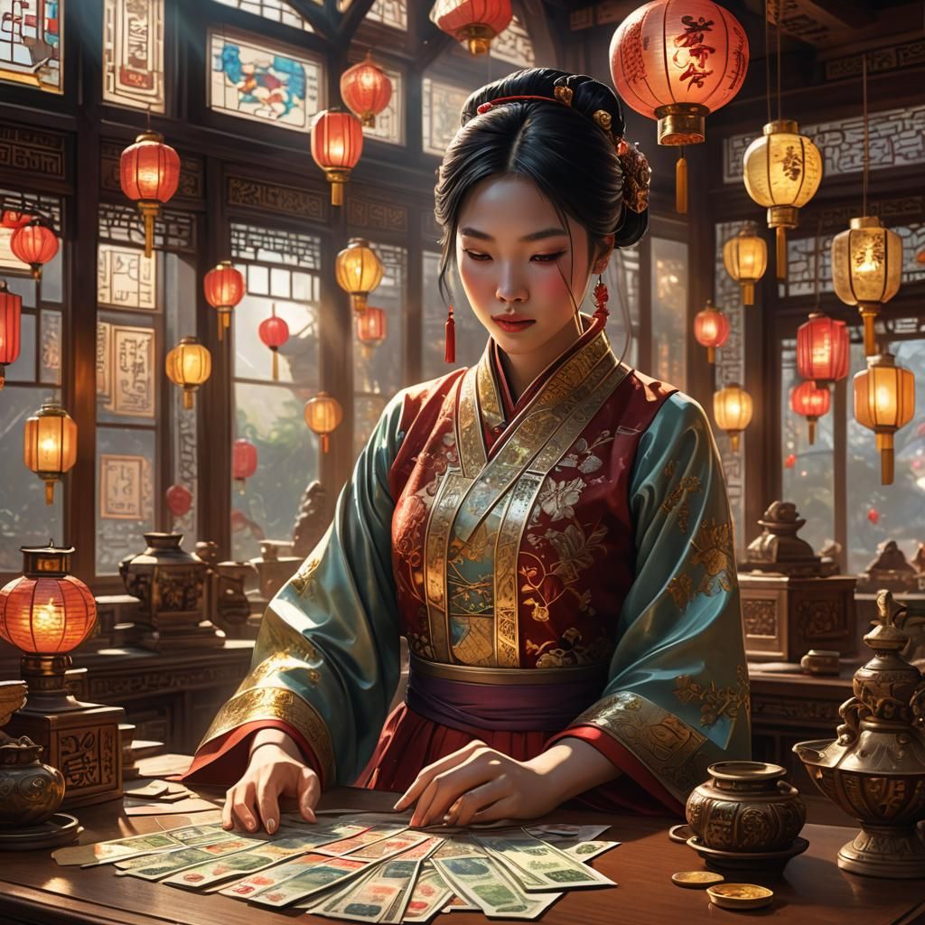 Chinese Girl Counting Currency Notes in Fantasy Art