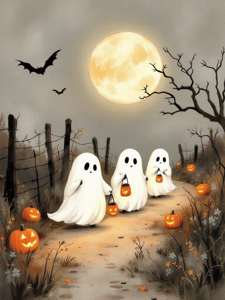 Friendly Ghosts Trick-or-Treating Under Harvest Moon