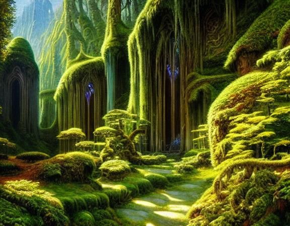 Elven Palaces in Mossy Caverns: Hyperdetailed Oil Painting