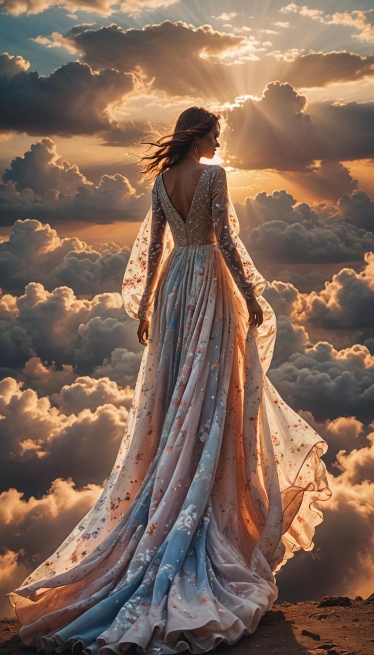 Woman in Long Dress Walking into Sunset
