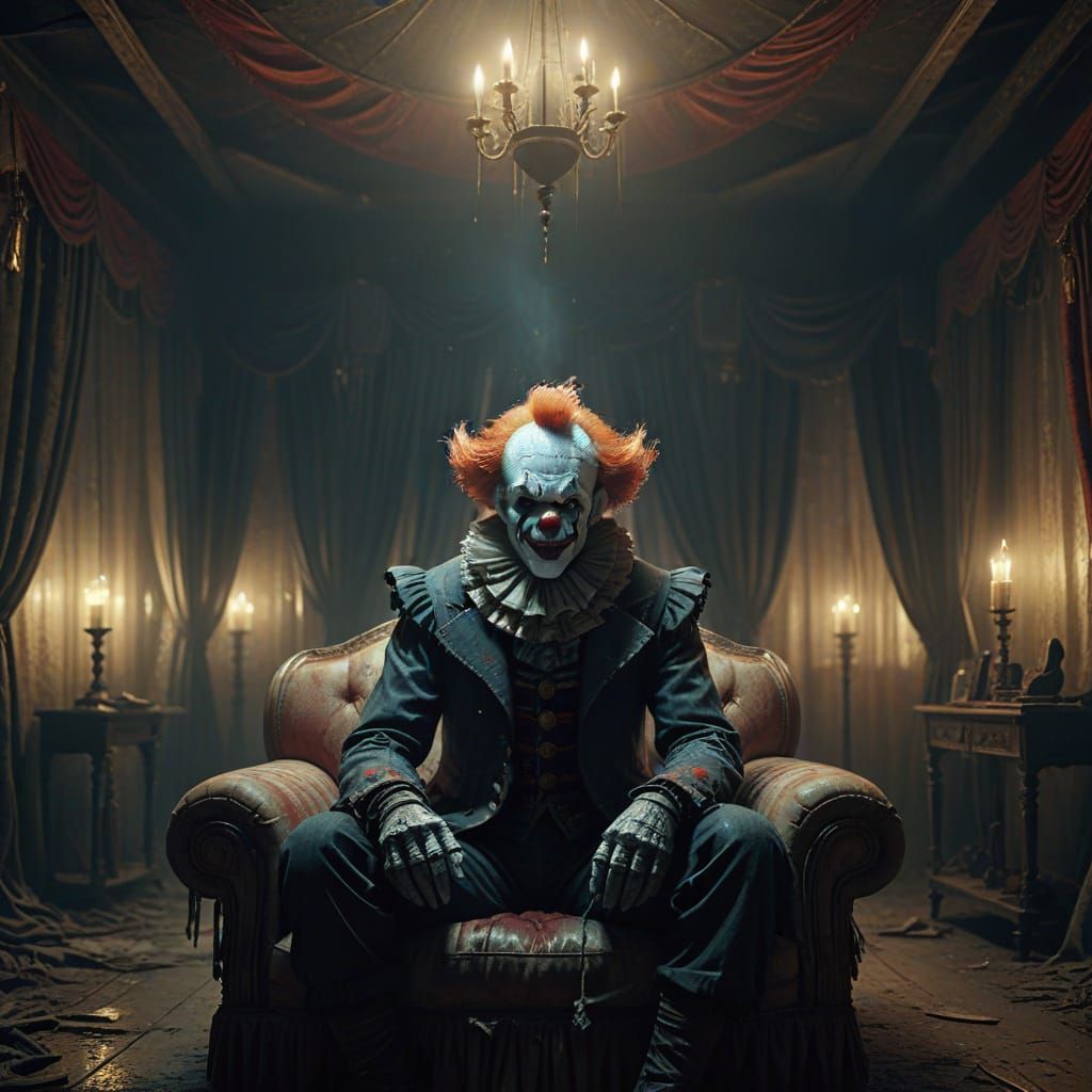 Terrifying Clown in Dimly Lit Circus Tent