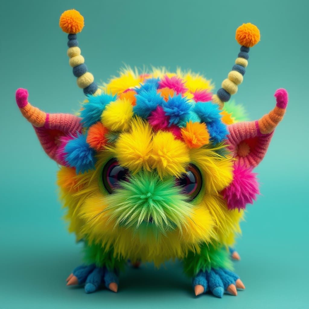 Whimsical Pom Pom Creature in Fantasy Realm