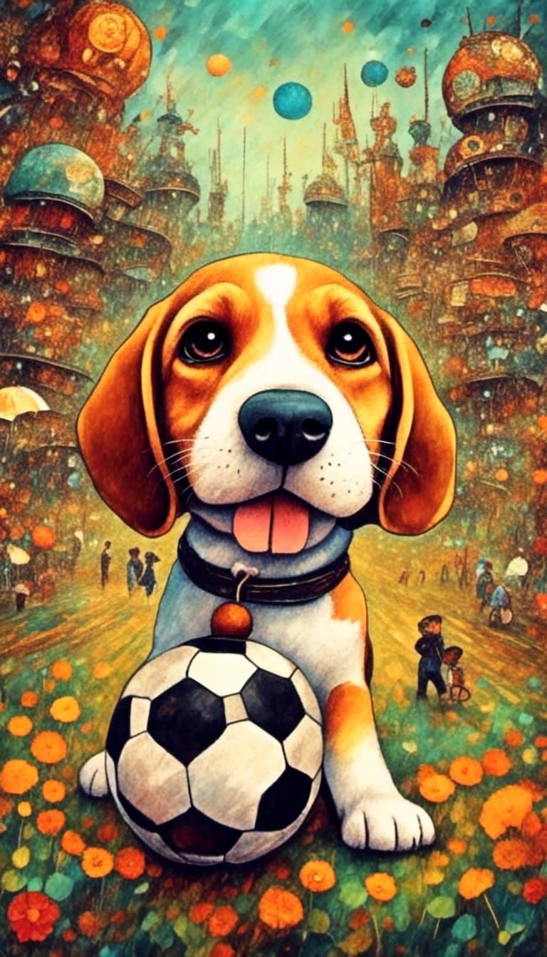 Cute Beagle Pup Plays Soccer: Storybook Illustration