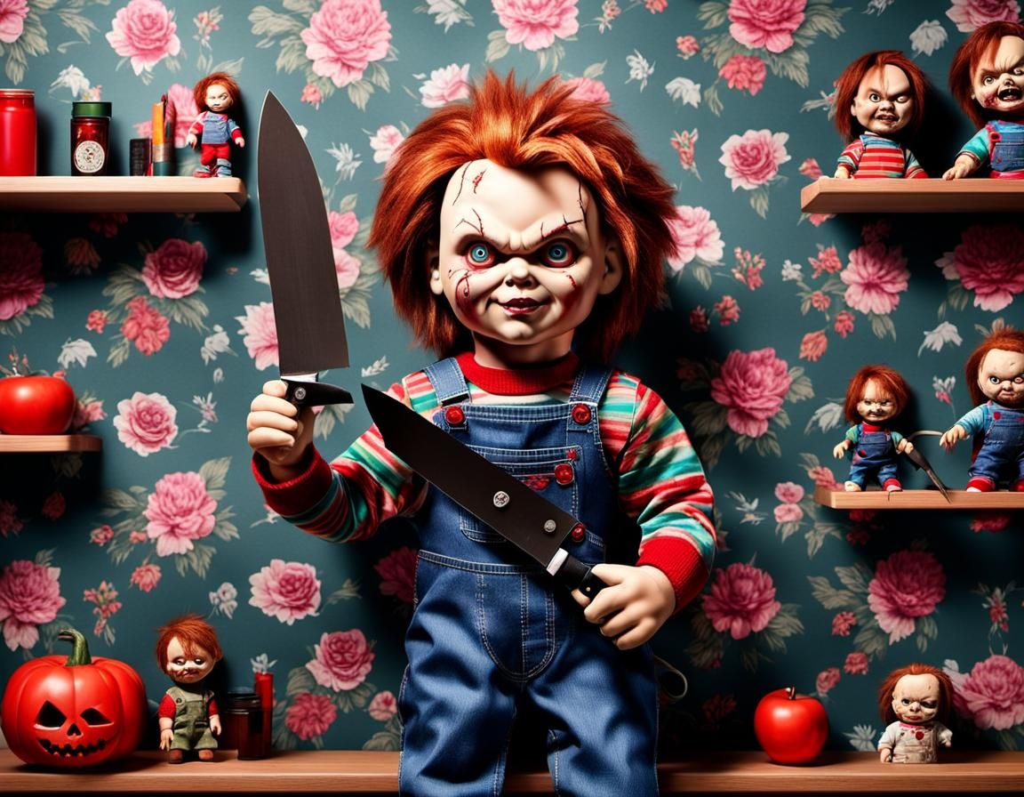 A Chucky doll with scars, has a knife in his hand.