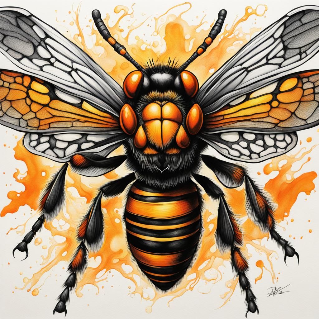 Devil Hornet Queen: Black, White and Yellow Illustration