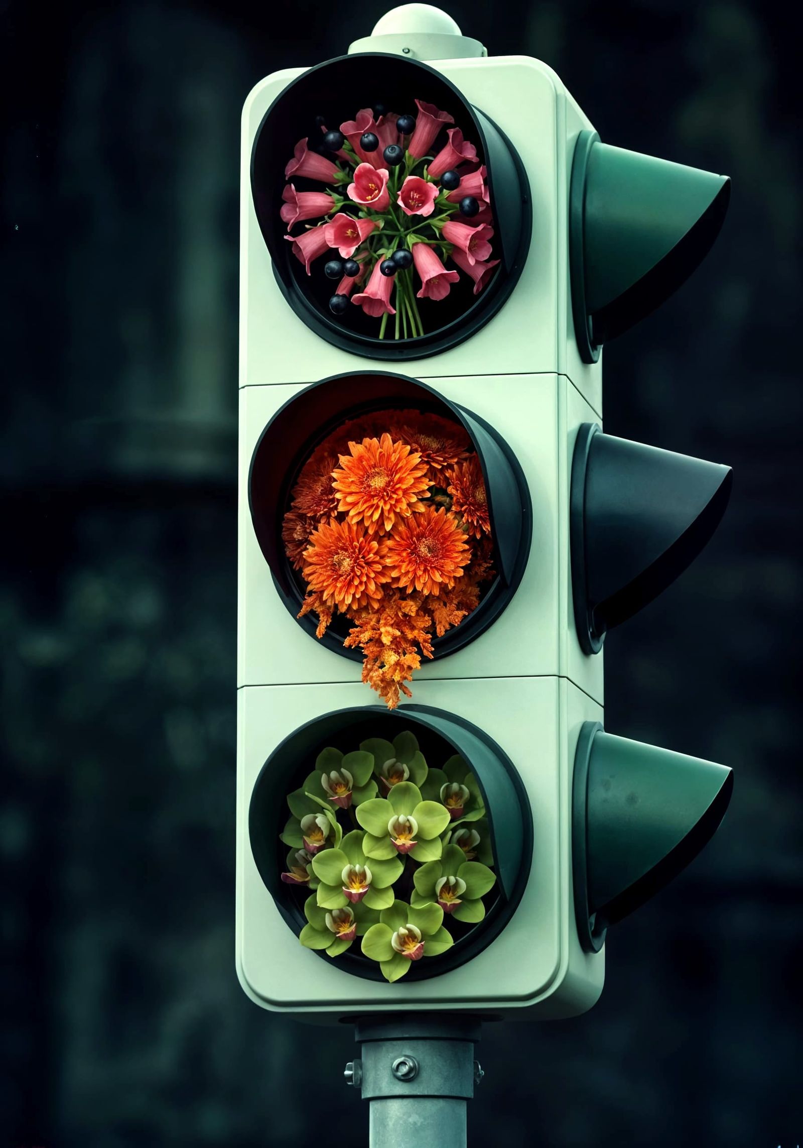 Surreal Retro Traffic Light with Floral Blooms