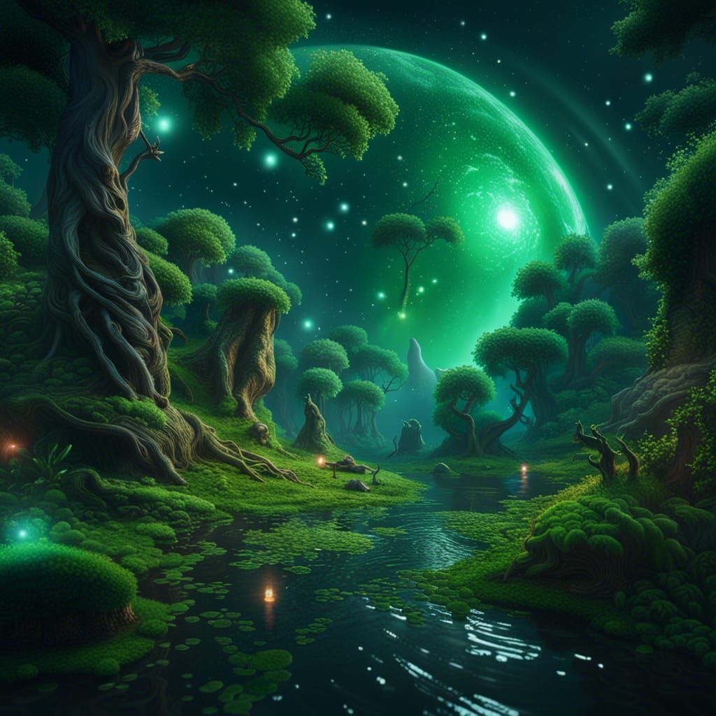 Lush Green Planet Under a Green Star System