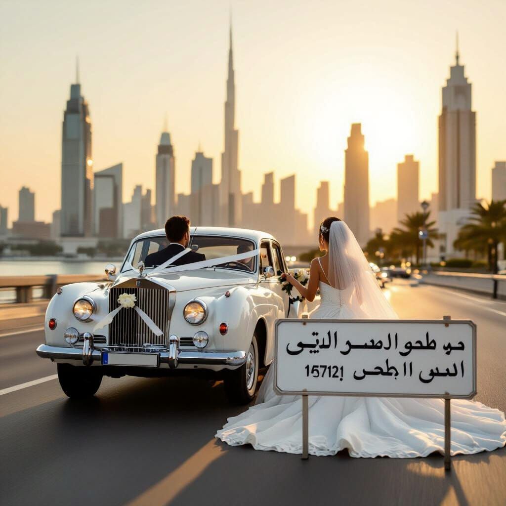 Wedding Car Drives to Abu Dhabi at Golden Hour