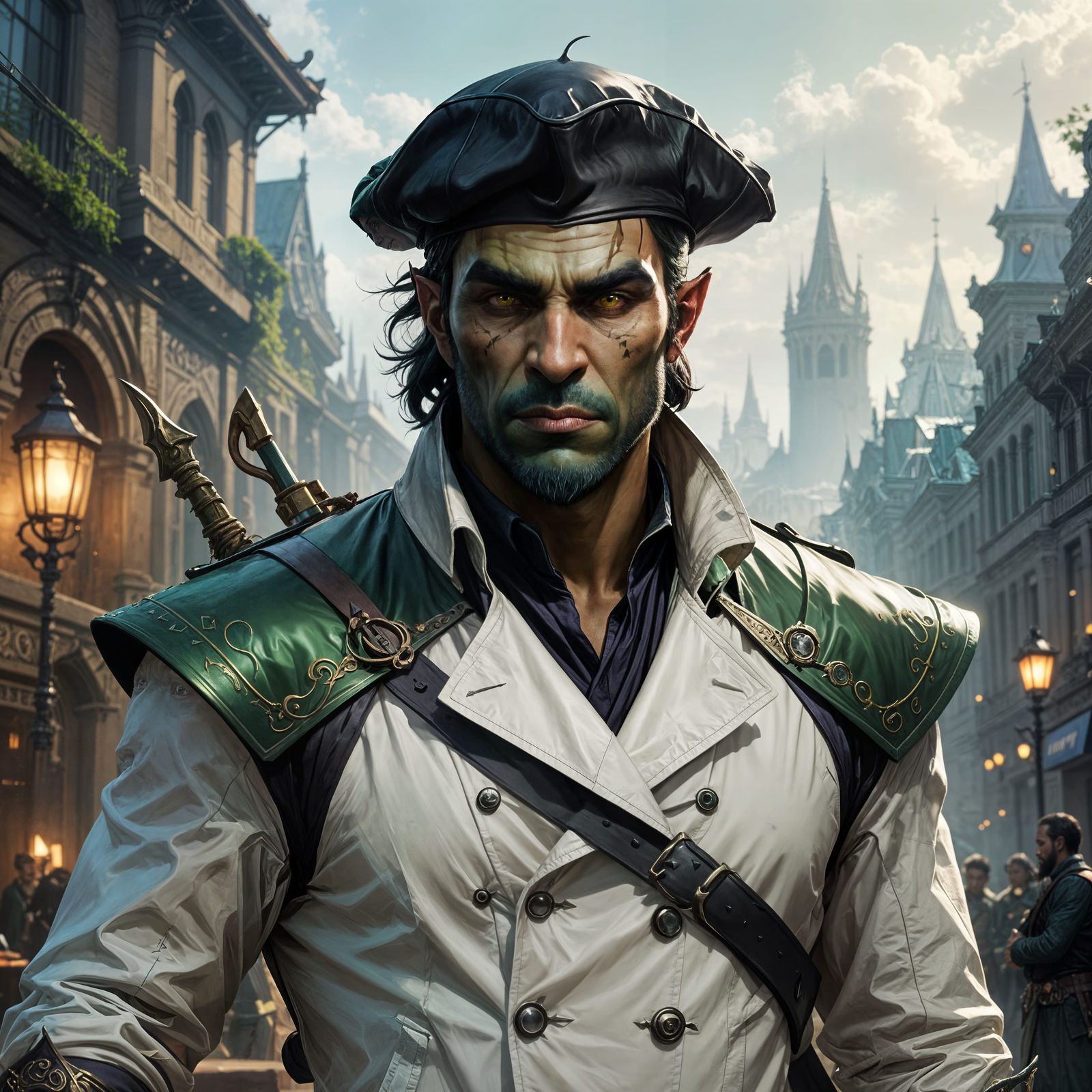 Dark Fantasy Bard in Elegant White Leather Trenchcoat