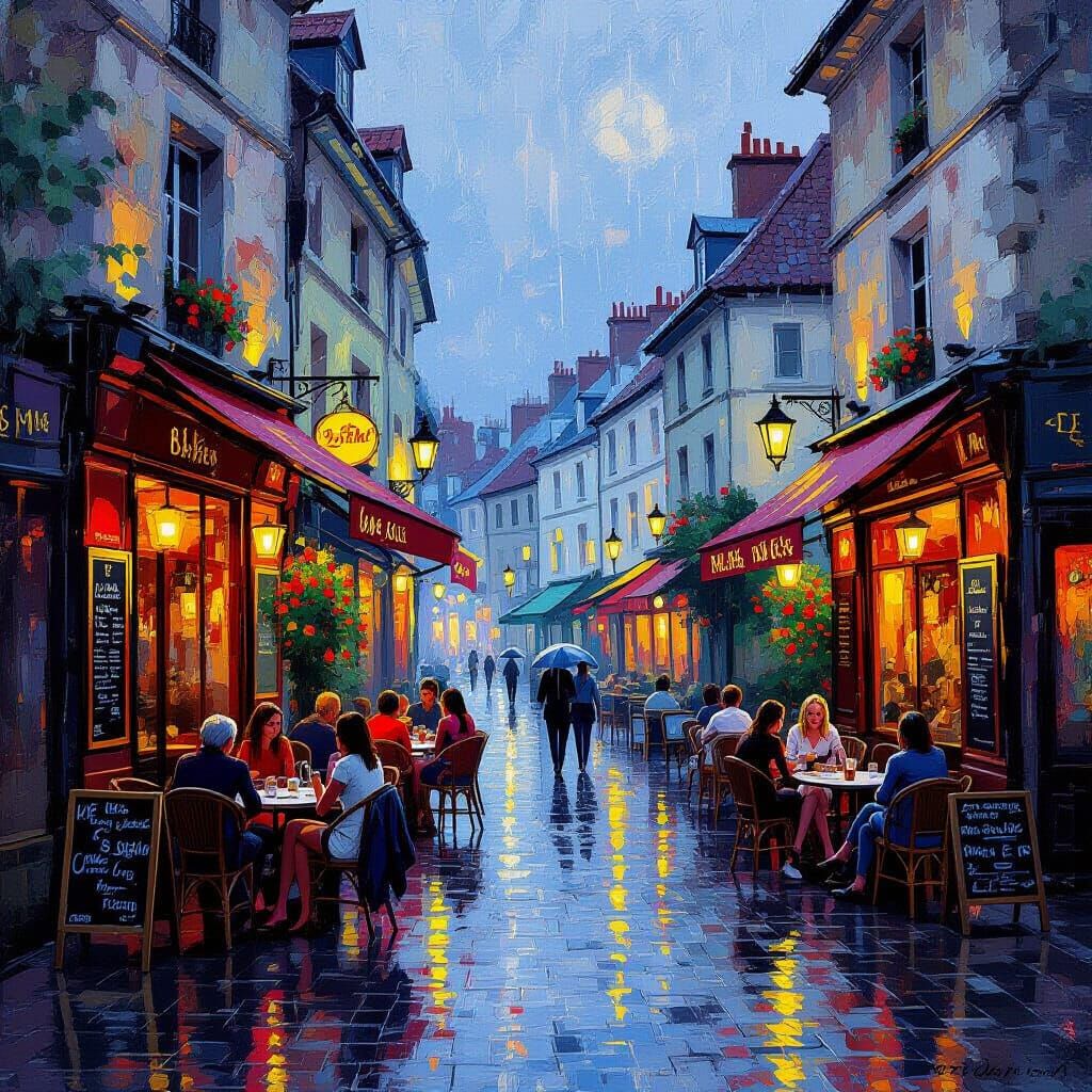 Summer rainy evening street scene..A quiet street scene with...