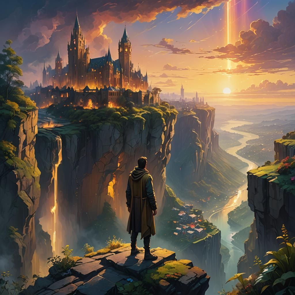 Mystical Cliffside Cityscape in Vibrant Oil Painting