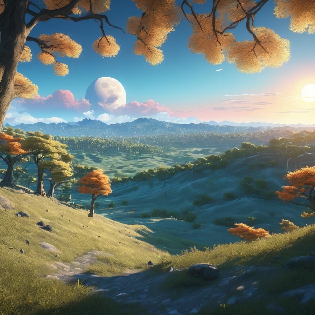 Panoramic Anime Landscape with Gigantic Moon in 3D Style