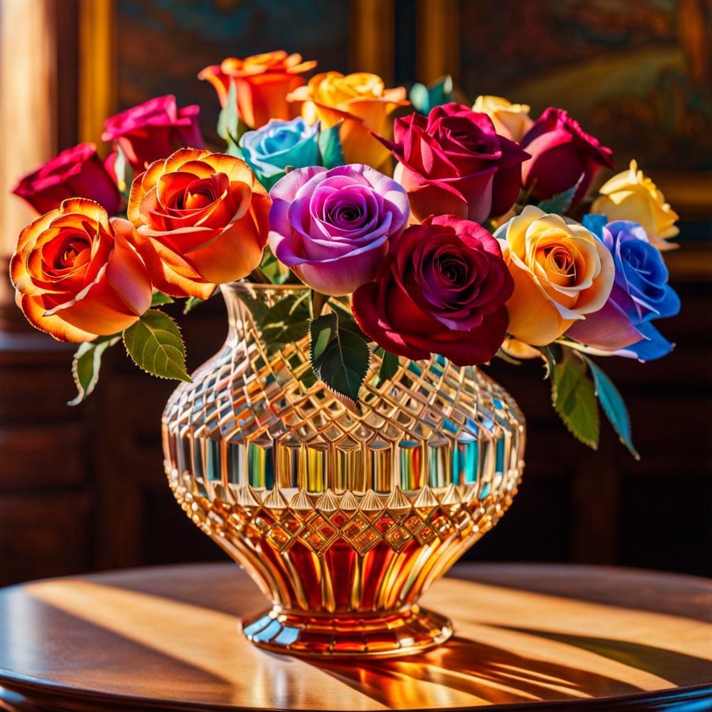 Tiffany Crystal Vase with Roses in Desert, Art Nouveau