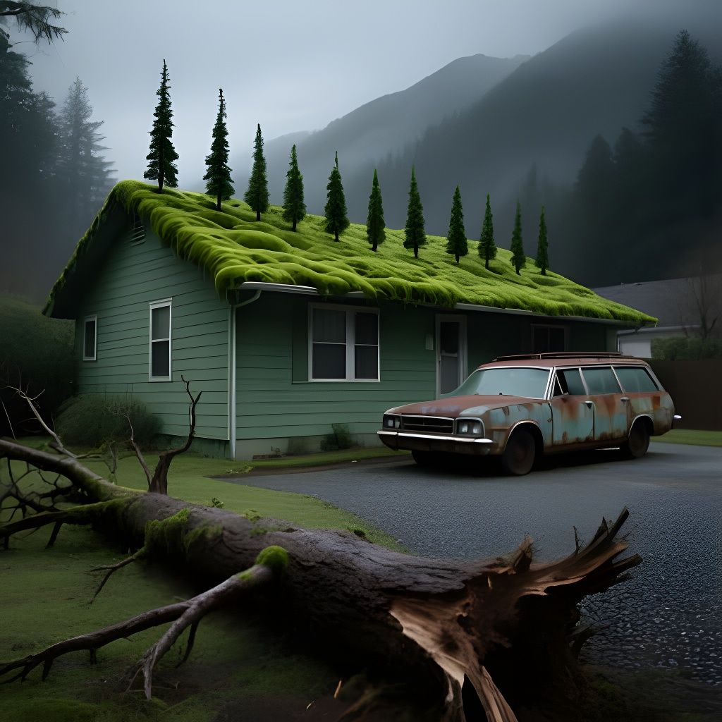 Surreal Suburban House with Moss Roof and Vintage Car
