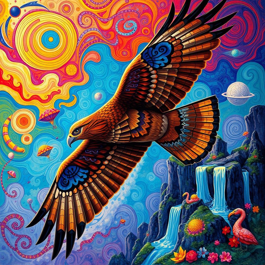 Hawk Soaring in Dreamlike Surrealist Sky