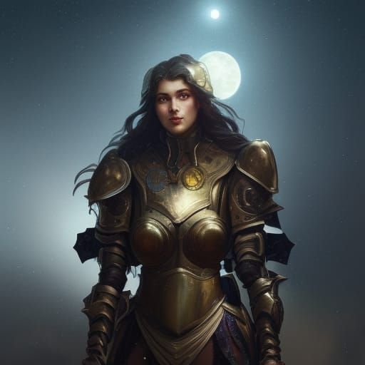 Armored Woman Portrait in Moonlight, Detailed Concept Art