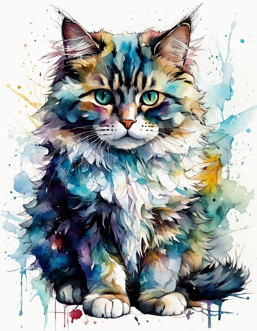 Colorful Alcohol Ink Drawing of Elegant Cat