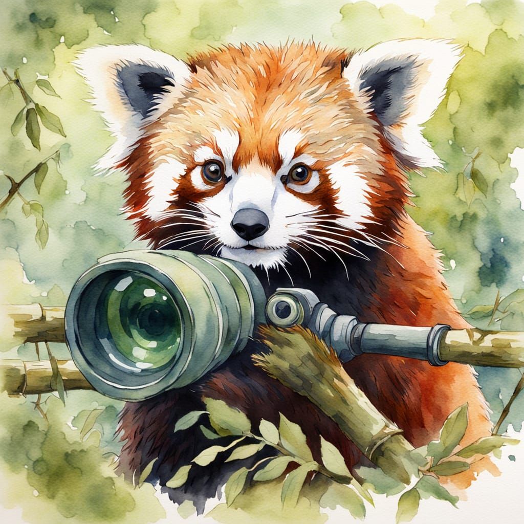 Charming Red Panda Explorer with Spyglass on Mossy Branch