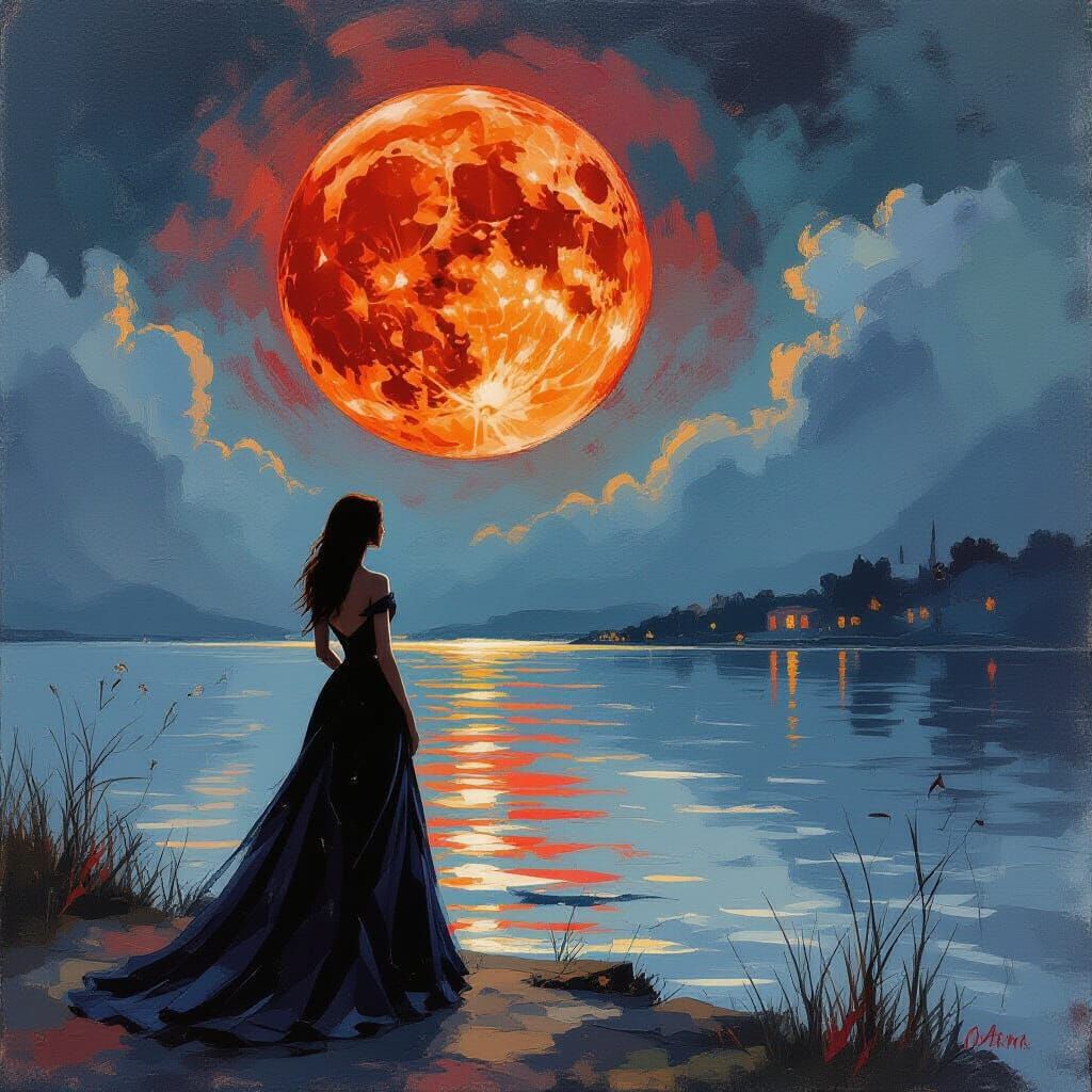 Woman in Ball Gown Watches Blood Moon in Watercolor Style