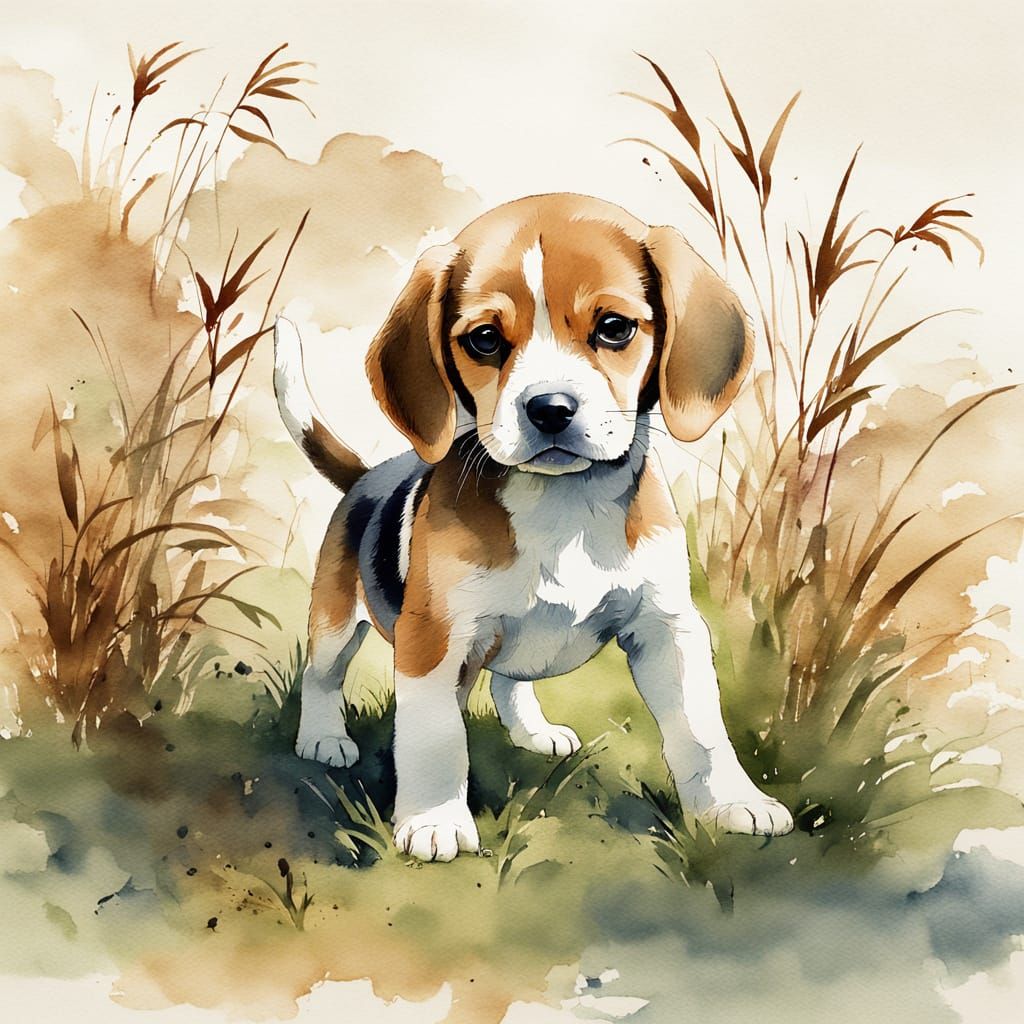 Beagle Puppy in Chinese Ink Painting Style