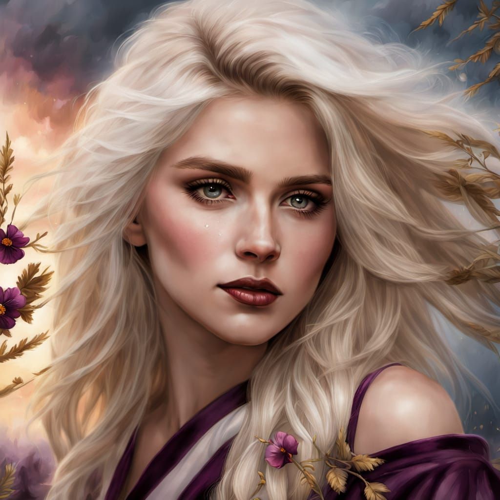 Fantasy Portrait of Woman with Plum Lips in Oil Painting