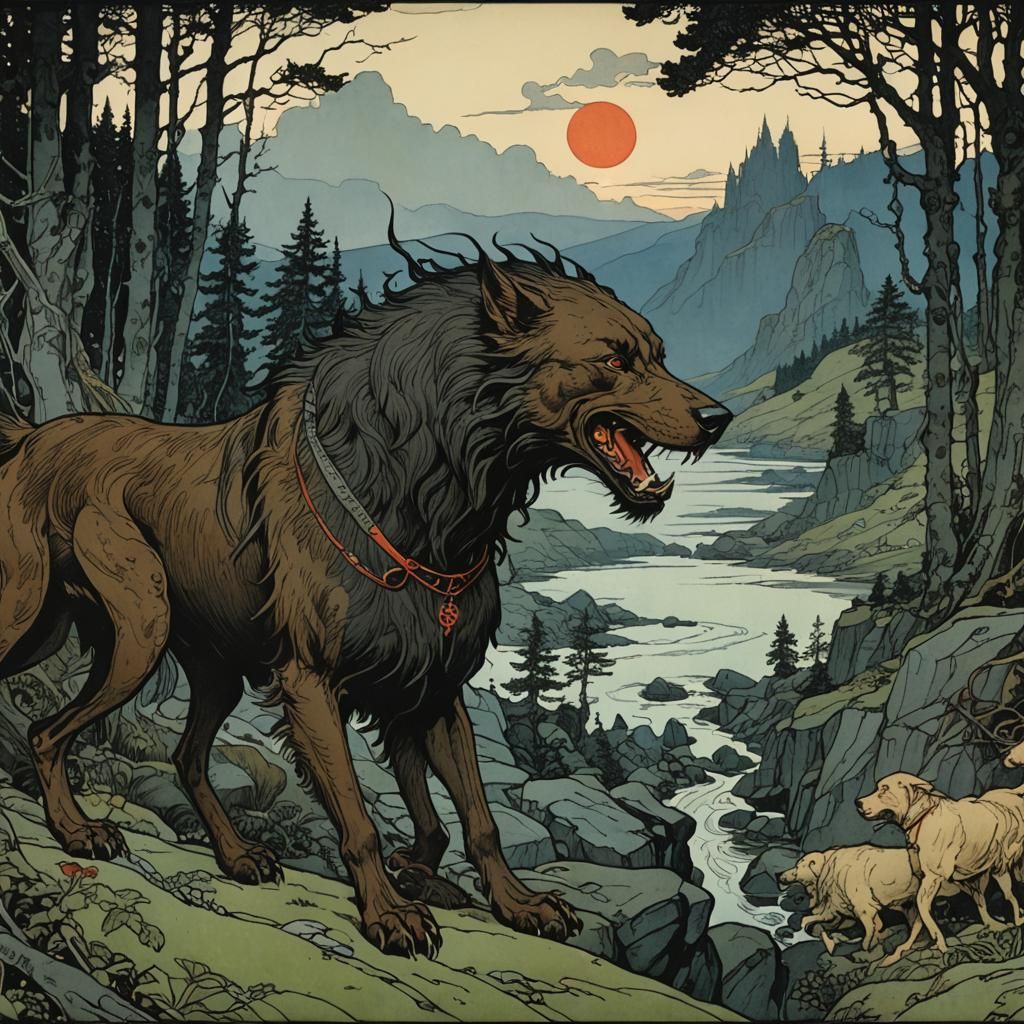 Garm the Hellhound at Gnipahellir: Golden Age Illustration
