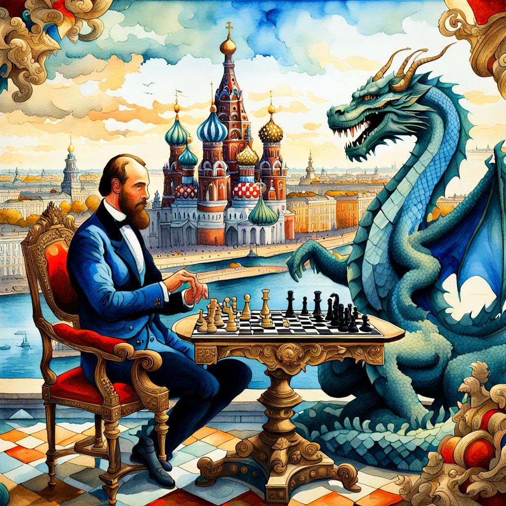 Czar and Dragon Chess Game: Watercolor Storybook Art