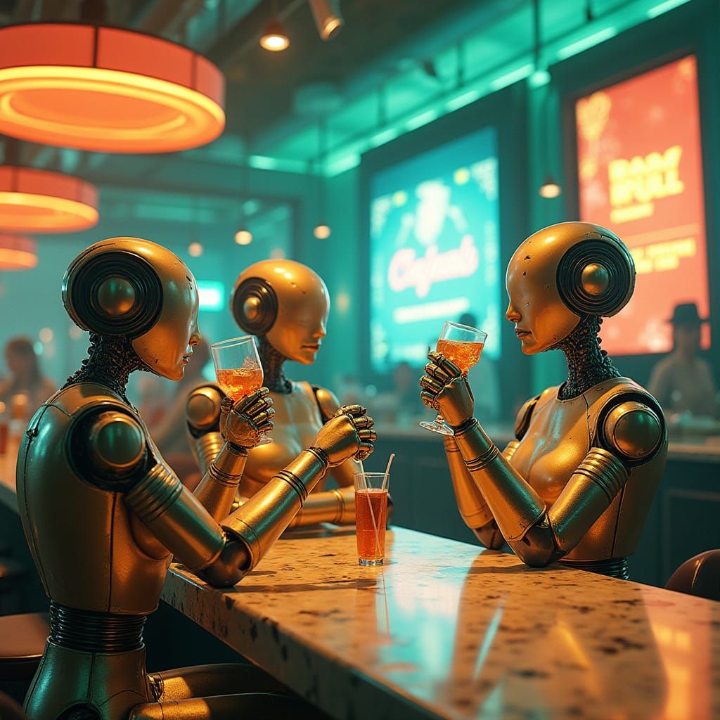 Jovial Robots at a Futuristic Art Deco Bar