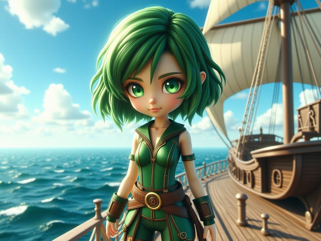 Anime Modern female Chibi Pirate, green and gold. On Pirate ...