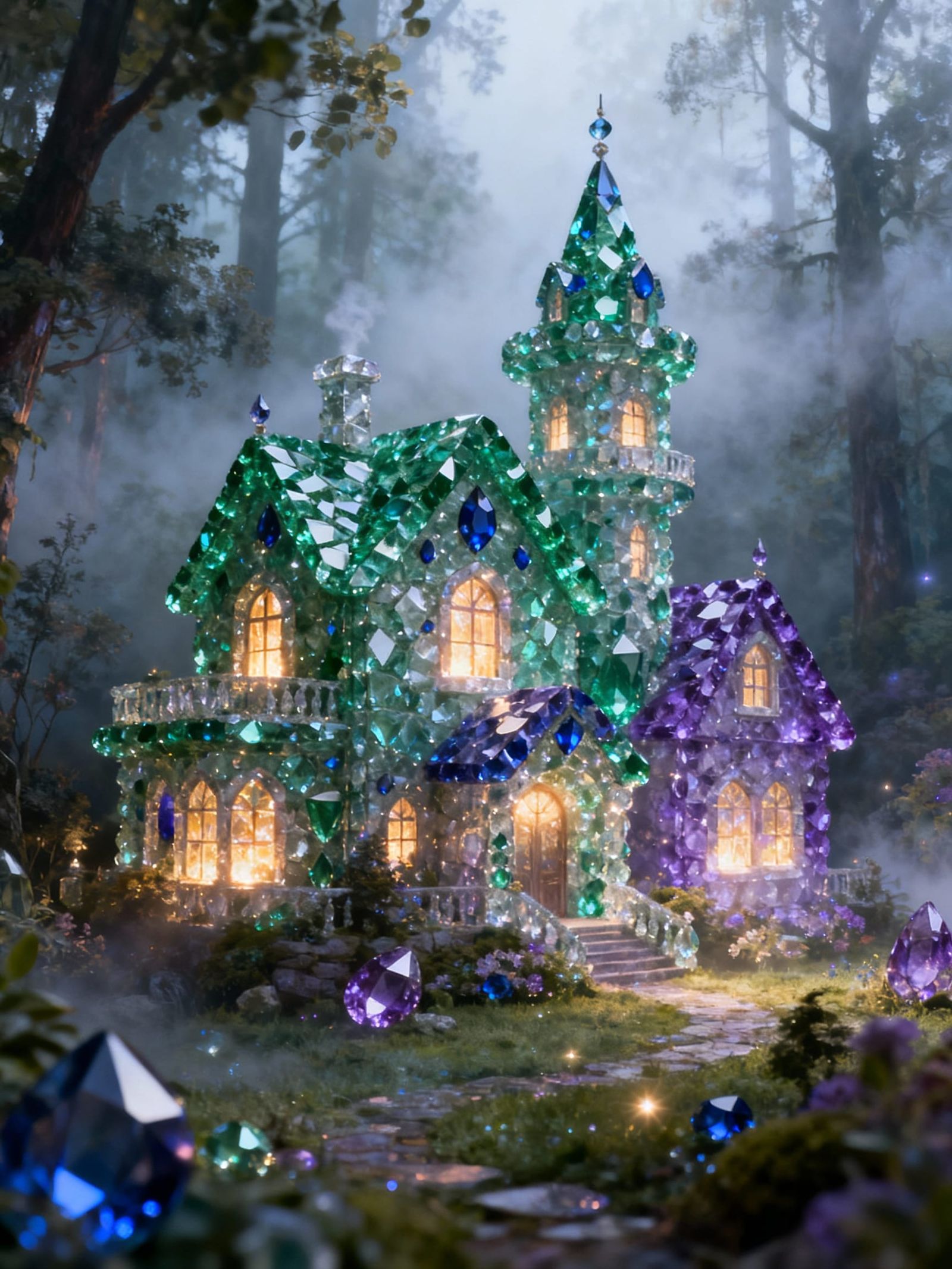 Gemstone Mansion in Ethereal Misty Forest