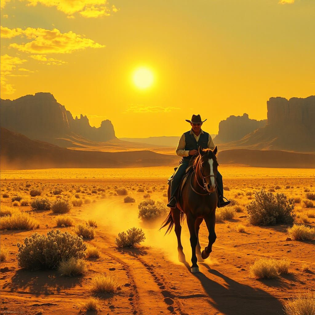 Cowboy Rides Horse Through Golden Desert Landscape