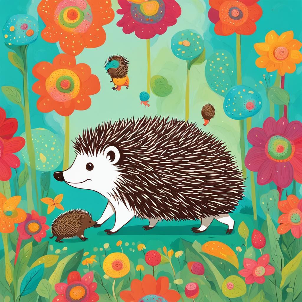Happy Hedgehog Family Stroll in Vibrant Colors