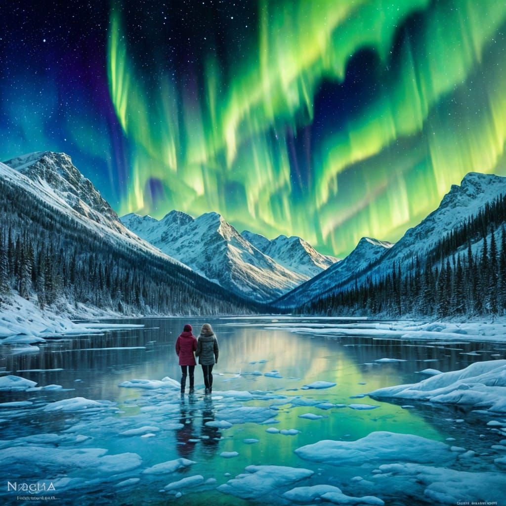 Northern Lights Over Winter Lake: Watercolor Style