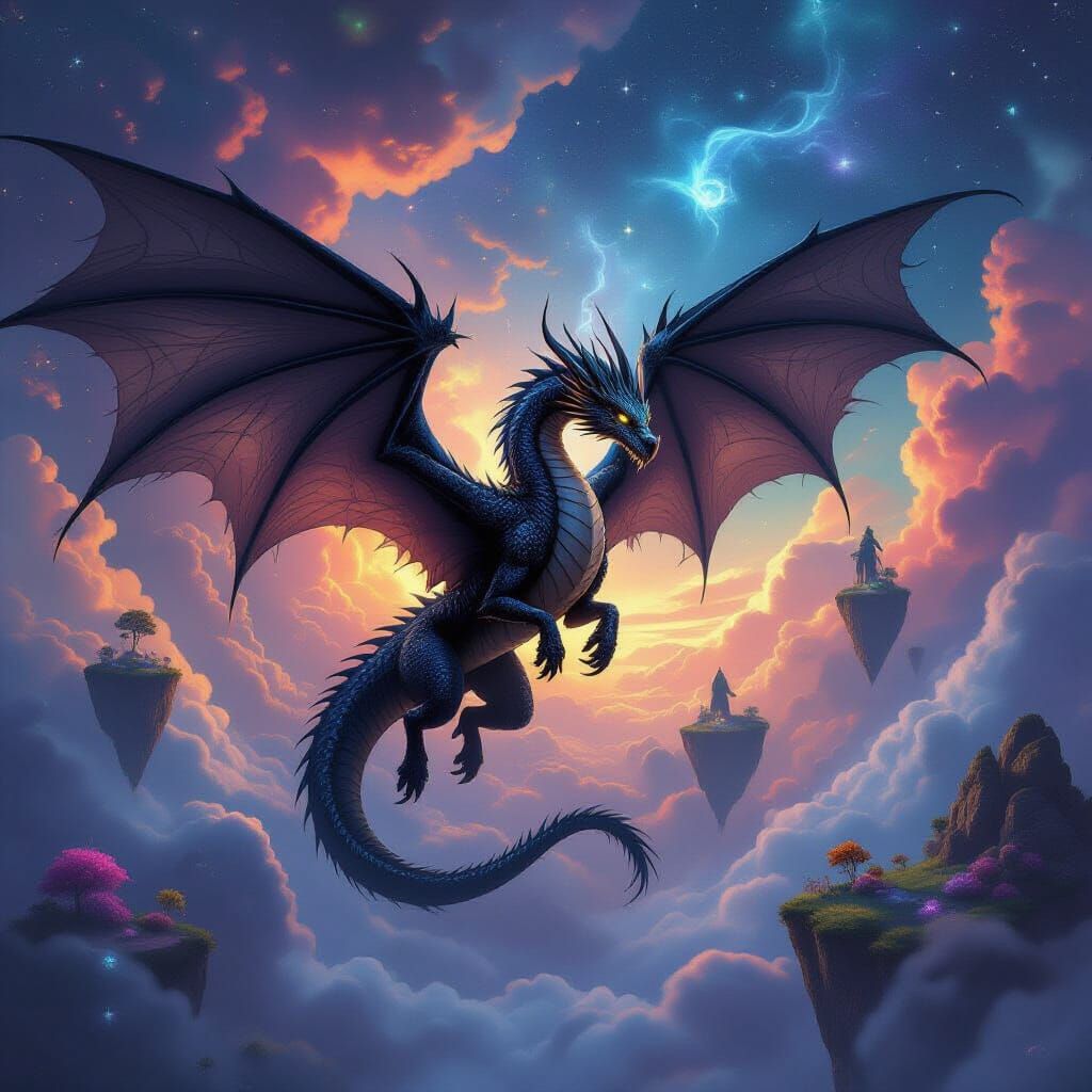 Majestic Black Dragon Soaring Through Nebula