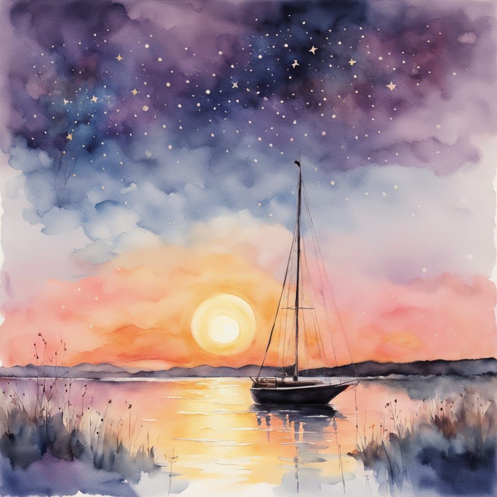 Tranquil Night Sailboat Watercolor at Sunset with Stars